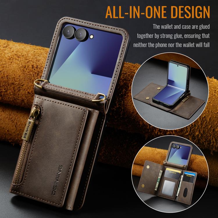 For Samsung Galaxy Z Flip7 5G DG.MING M5 Series Zip RFID Multi Card Detachable Leather Phone Case with Long Lanyard