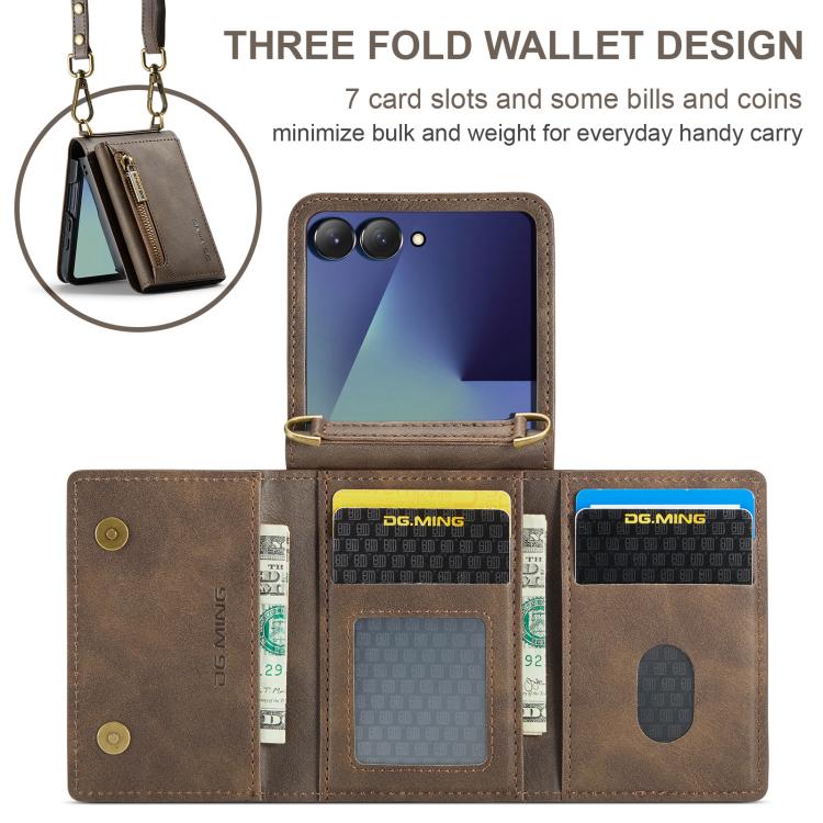 For Samsung Galaxy Z Flip7 5G DG.MING M5 Series Zip RFID Multi Card Detachable Leather Phone Case with Long Lanyard