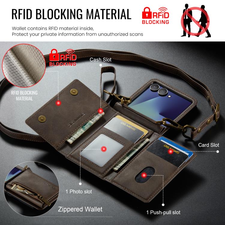 For Samsung Galaxy Z Flip7 5G DG.MING M5 Series Zip RFID Multi Card Detachable Leather Phone Case with Long Lanyard
