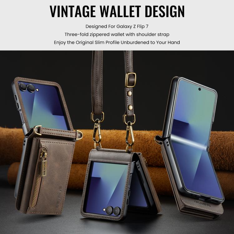 For Samsung Galaxy Z Flip7 5G DG.MING M5 Series Zip RFID Multi Card Detachable Leather Phone Case with Long Lanyard
