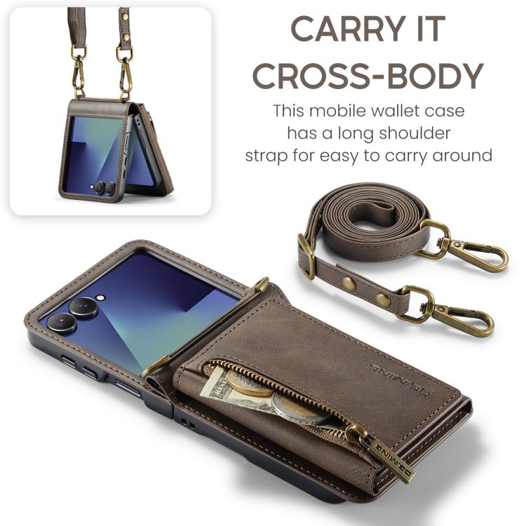 For Samsung Galaxy Z Flip7 5G DG.MING M5 Series Zip RFID Multi Card Detachable Leather Phone Case with Long Lanyard