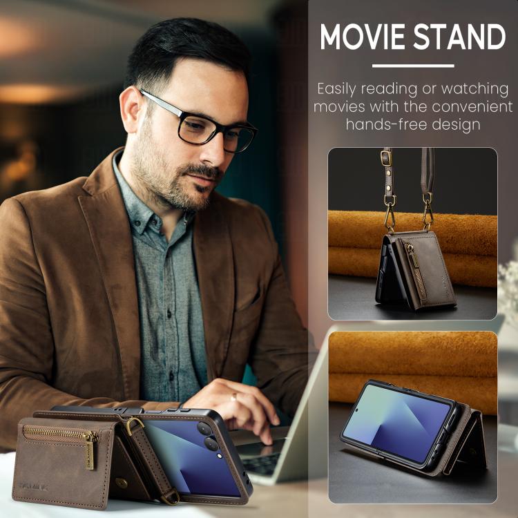 For Samsung Galaxy Z Flip7 5G DG.MING M5 Series Zip RFID Multi Card Detachable Leather Phone Case with Long Lanyard