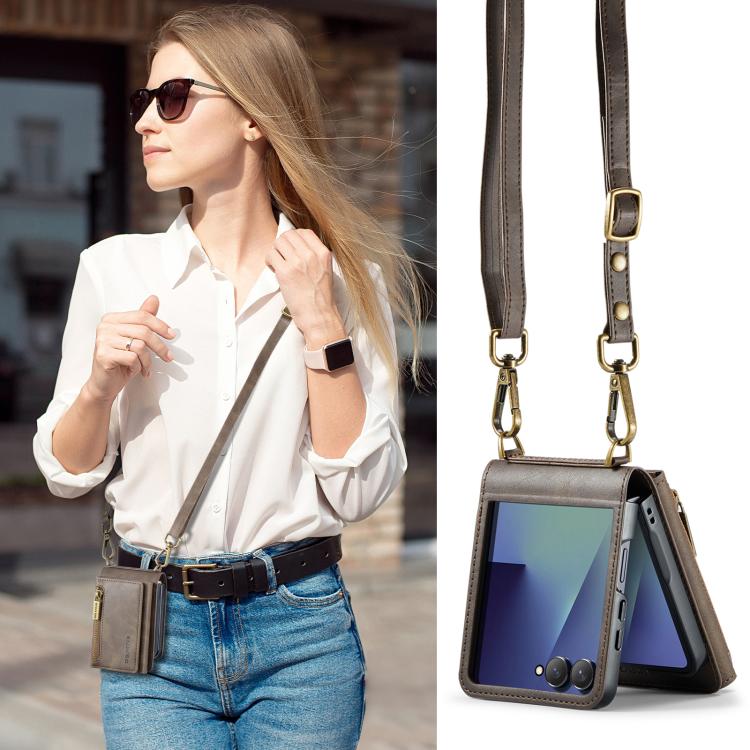 For Samsung Galaxy Z Flip7 5G DG.MING M5 Series Zip RFID Multi Card Detachable Leather Phone Case with Long Lanyard
