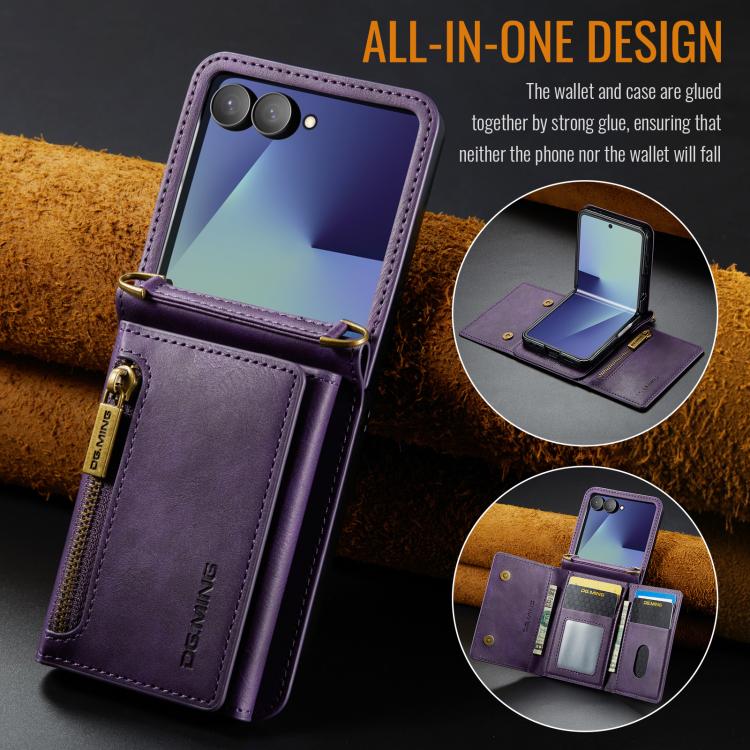 For Samsung Galaxy Z Flip7 5G DG.MING M5 Series Zip RFID Multi Card Detachable Leather Phone Case with Long Lanyard