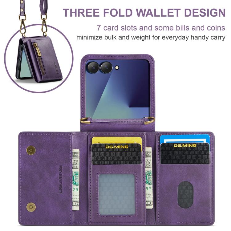For Samsung Galaxy Z Flip7 5G DG.MING M5 Series Zip RFID Multi Card Detachable Leather Phone Case with Long Lanyard