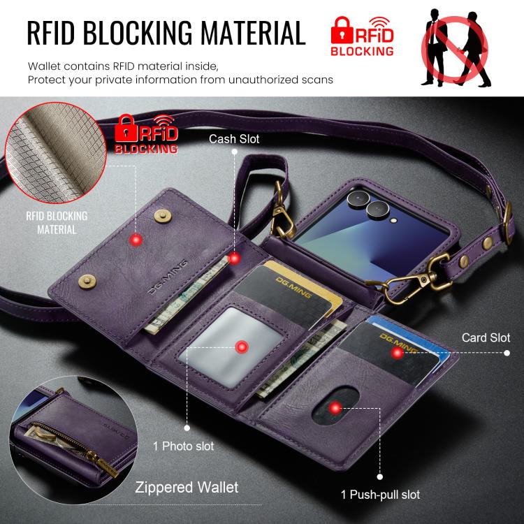 For Samsung Galaxy Z Flip7 5G DG.MING M5 Series Zip RFID Multi Card Detachable Leather Phone Case with Long Lanyard