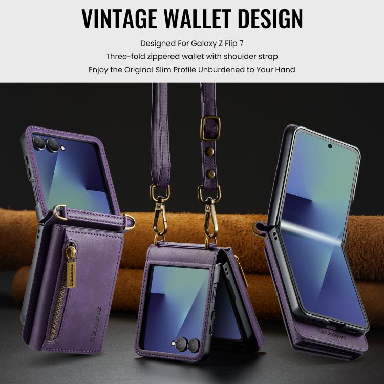 For Samsung Galaxy Z Flip7 5G DG.MING M5 Series Zip RFID Multi Card Detachable Leather Phone Case with Long Lanyard