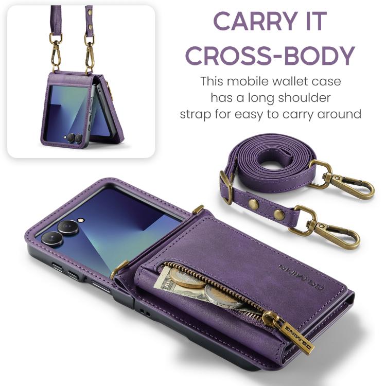 For Samsung Galaxy Z Flip7 5G DG.MING M5 Series Zip RFID Multi Card Detachable Leather Phone Case with Long Lanyard