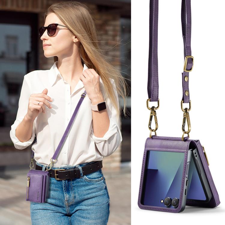 For Samsung Galaxy Z Flip7 5G DG.MING M5 Series Zip RFID Multi Card Detachable Leather Phone Case with Long Lanyard