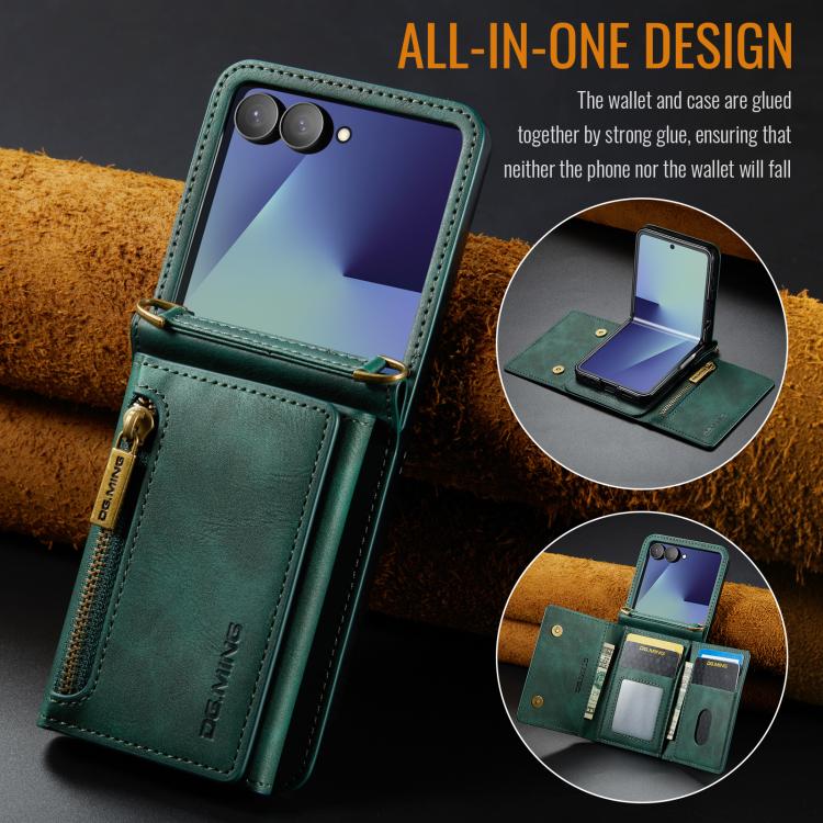 For Samsung Galaxy Z Flip7 5G DG.MING M5 Series Zip RFID Multi Card Detachable Leather Phone Case with Long Lanyard