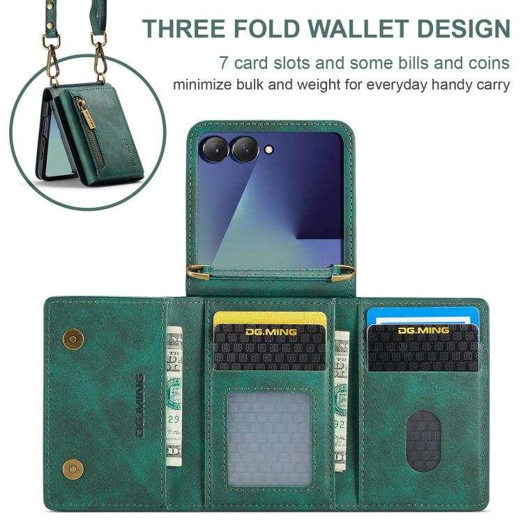 For Samsung Galaxy Z Flip7 5G DG.MING M5 Series Zip RFID Multi Card Detachable Leather Phone Case with Long Lanyard