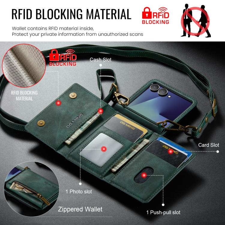 For Samsung Galaxy Z Flip7 5G DG.MING M5 Series Zip RFID Multi Card Detachable Leather Phone Case with Long Lanyard
