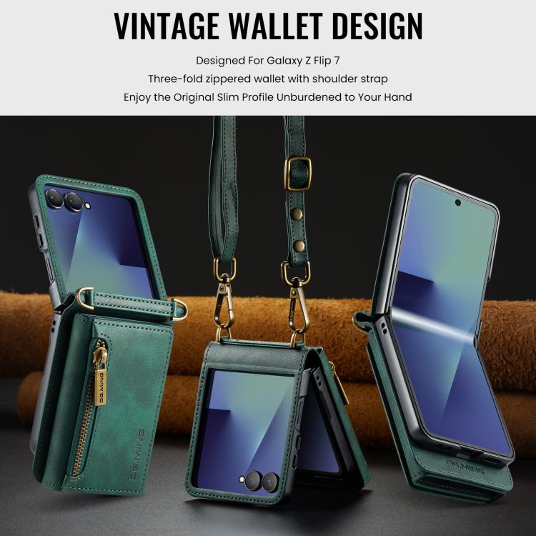 For Samsung Galaxy Z Flip7 5G DG.MING M5 Series Zip RFID Multi Card Detachable Leather Phone Case with Long Lanyard