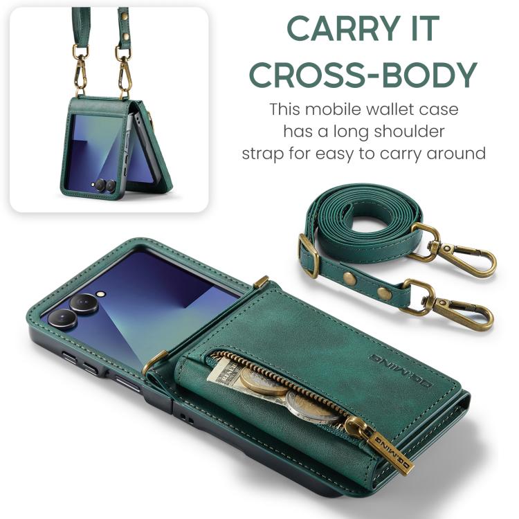 For Samsung Galaxy Z Flip7 5G DG.MING M5 Series Zip RFID Multi Card Detachable Leather Phone Case with Long Lanyard