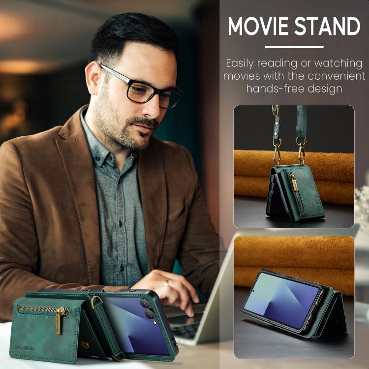 For Samsung Galaxy Z Flip7 5G DG.MING M5 Series Zip RFID Multi Card Detachable Leather Phone Case with Long Lanyard