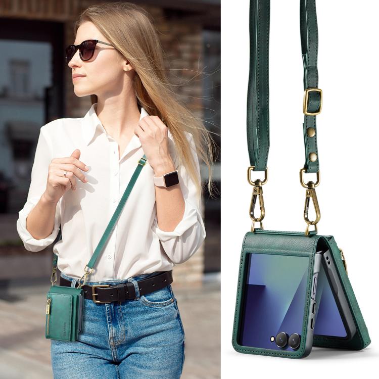 For Samsung Galaxy Z Flip7 5G DG.MING M5 Series Zip RFID Multi Card Detachable Leather Phone Case with Long Lanyard