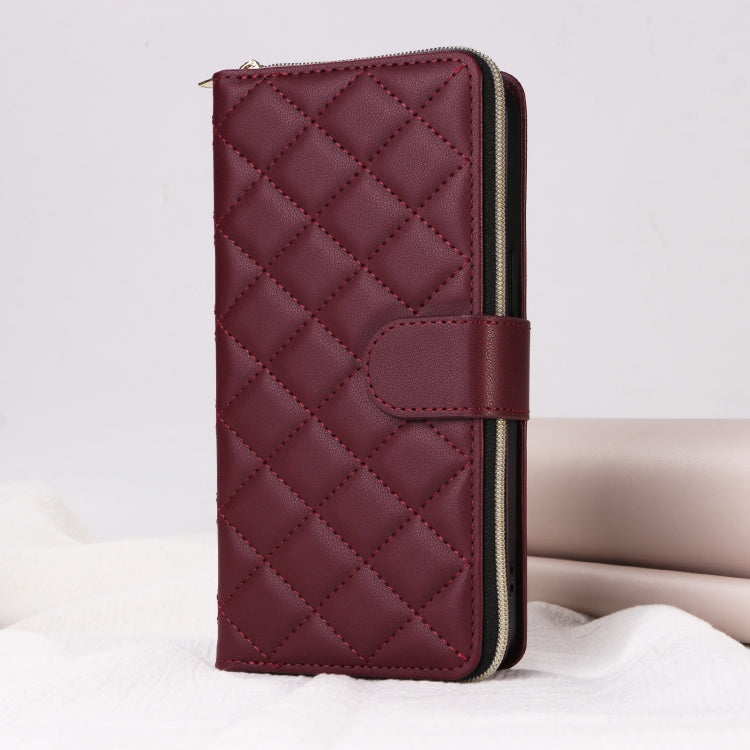 For iPhone 15 Plus / 14 Plus Crossbody Rhombic Zipper Tower Buckle Leather Phone Case with Lanyard