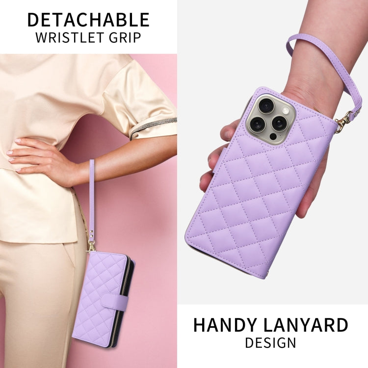 For iPhone 14 Pro Max Crossbody Rhombic Zipper Tower Buckle Leather Phone Case with Lanyard