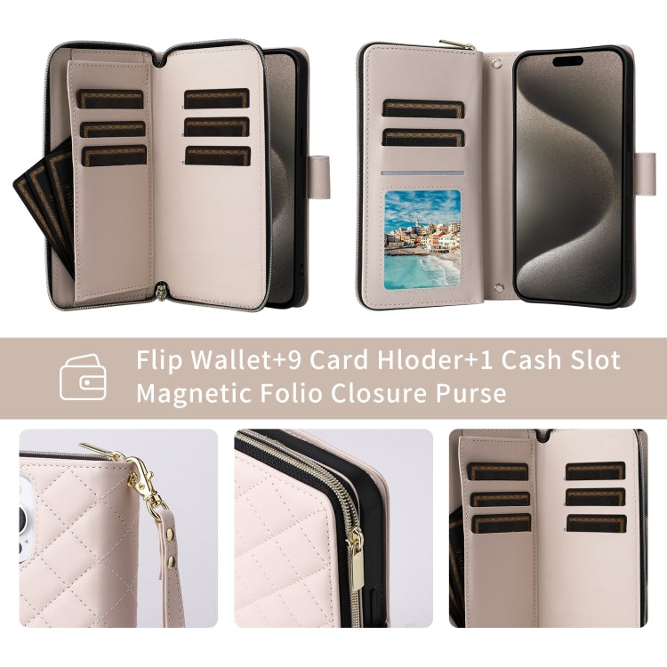 For iPhone 14 Pro Max Crossbody Rhombic Zipper Tower Buckle Leather Phone Case with Lanyard