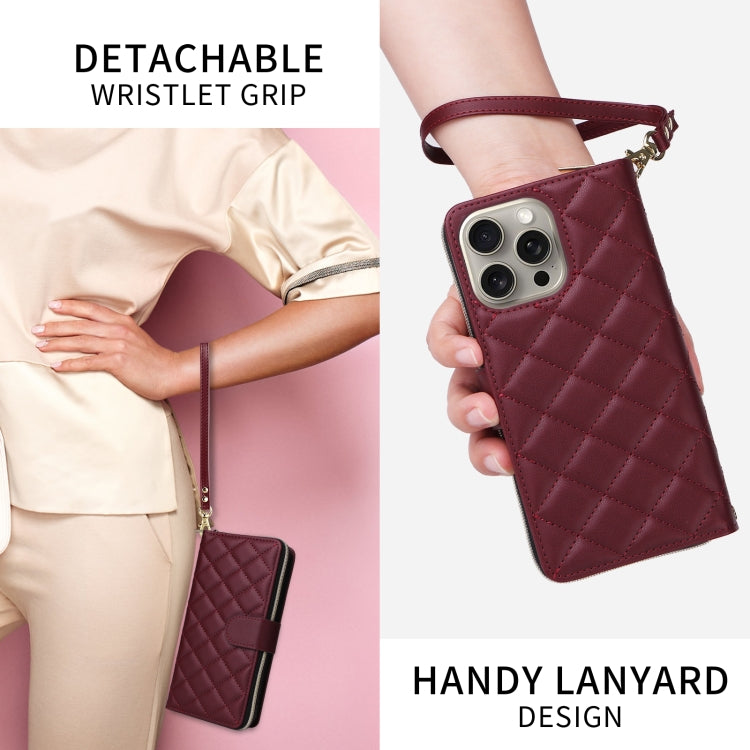 For iPhone 14 Pro Max Crossbody Rhombic Zipper Tower Buckle Leather Phone Case with Lanyard