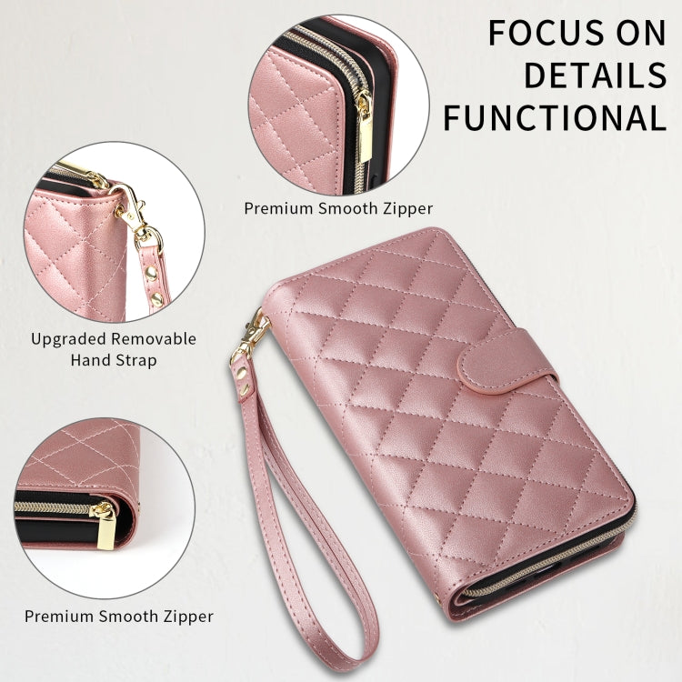 For iPhone 14 Pro Max Crossbody Rhombic Zipper Tower Buckle Leather Phone Case with Lanyard