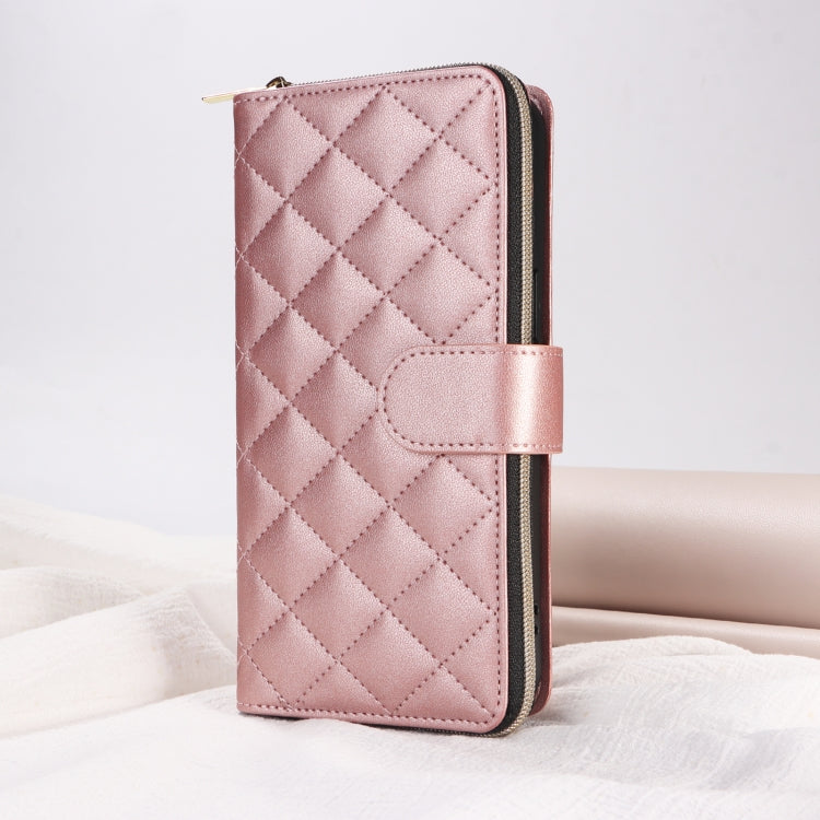 For iPhone 13 Pro Max Crossbody Rhombic Zipper Tower Buckle Leather Phone Case with Lanyard