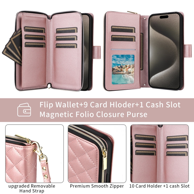 For iPhone 13 Pro Max Crossbody Rhombic Zipper Tower Buckle Leather Phone Case with Lanyard