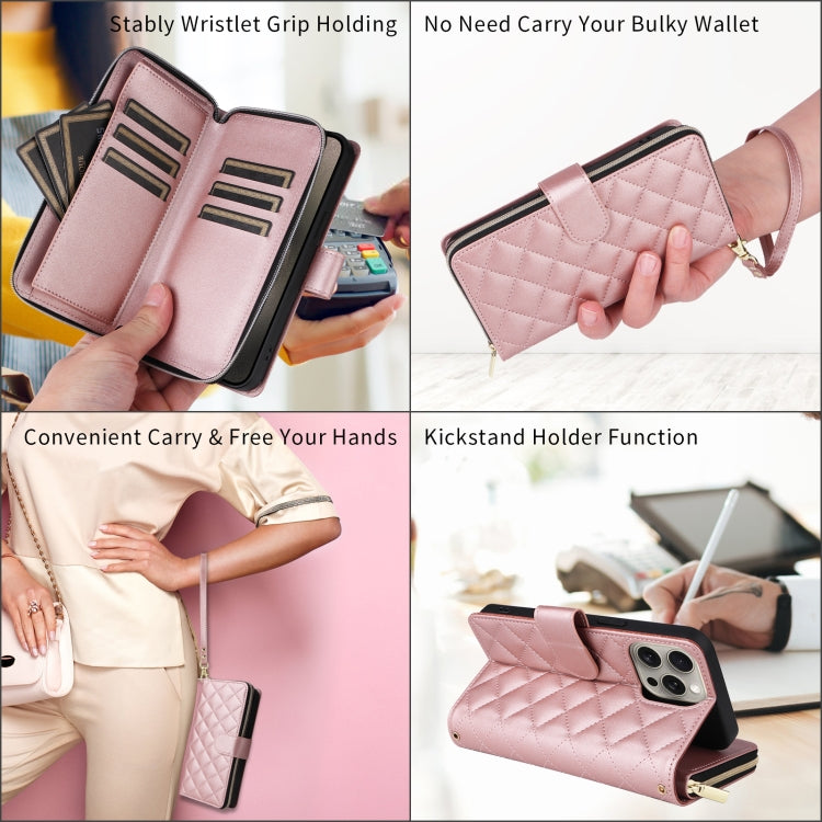 For iPhone 13 Pro Max Crossbody Rhombic Zipper Tower Buckle Leather Phone Case with Lanyard