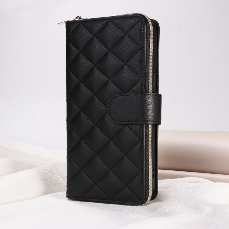 For iPhone 13 mini Crossbody Rhombic Zipper Tower Buckle Leather Phone Case with Lanyard