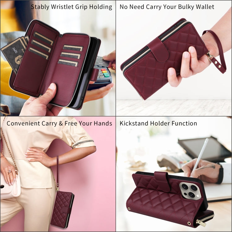 For iPhone 12 Pro Max Crossbody Rhombic Zipper Tower Buckle Leather Phone Case with Lanyard