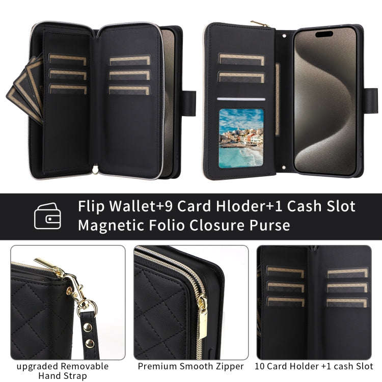 For iPhone 11 Pro Max Crossbody Rhombic Zipper Tower Buckle Leather Phone Case with Lanyard
