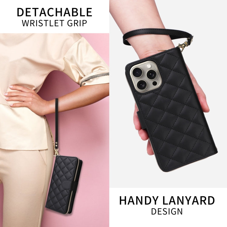 For iPhone 11 Pro Max Crossbody Rhombic Zipper Tower Buckle Leather Phone Case with Lanyard