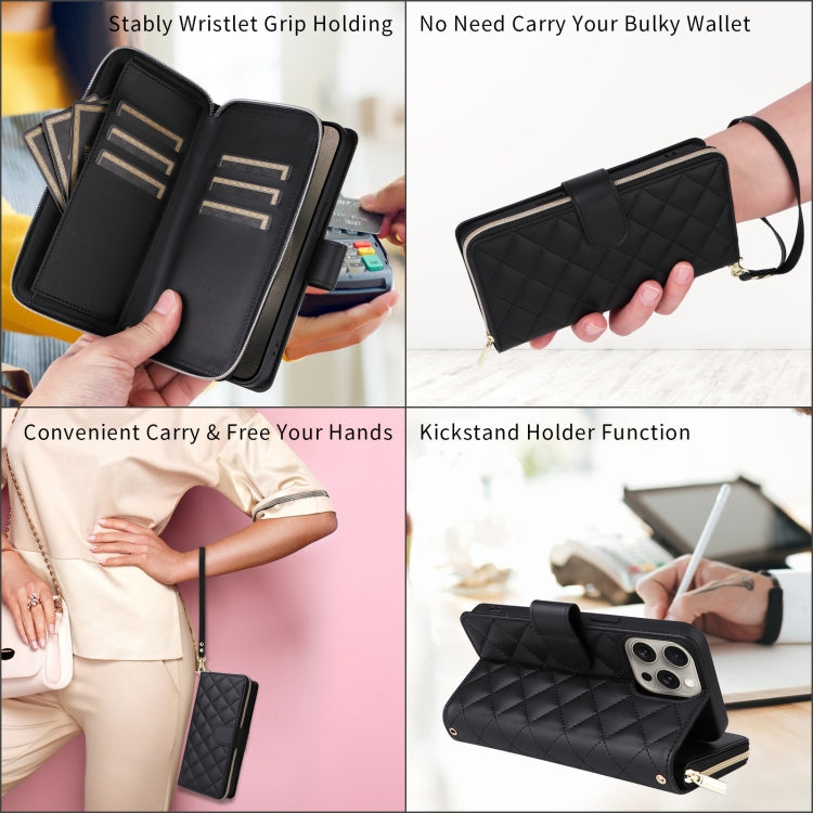 For iPhone 11 Crossbody Rhombic Zipper Tower Buckle Leather Phone Case with Lanyard