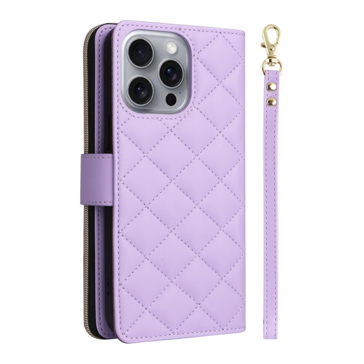 For iPhone 16 Pro Max Crossbody Rhombic Zipper Tower Buckle Leather Phone Case with Lanyard