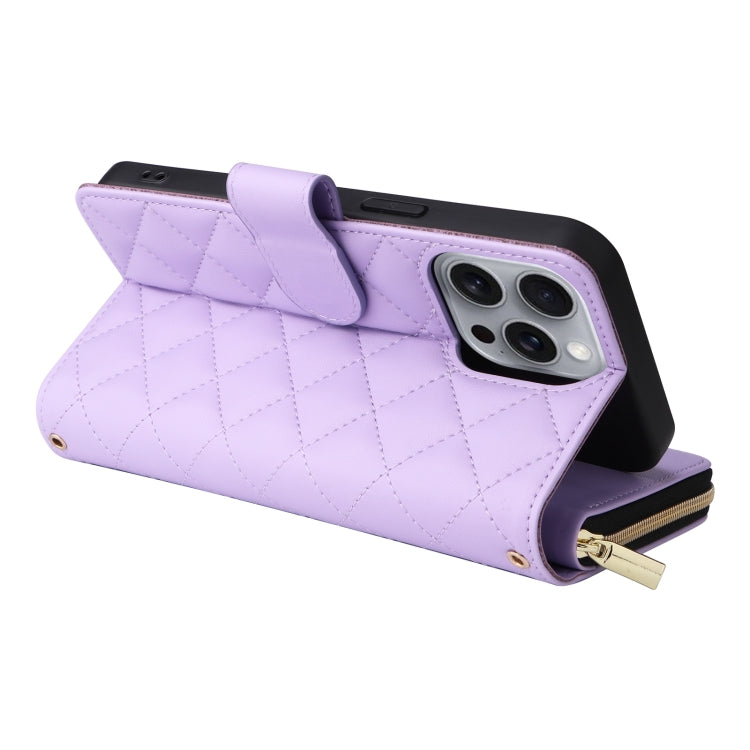For iPhone 16 Pro Max Crossbody Rhombic Zipper Tower Buckle Leather Phone Case with Lanyard