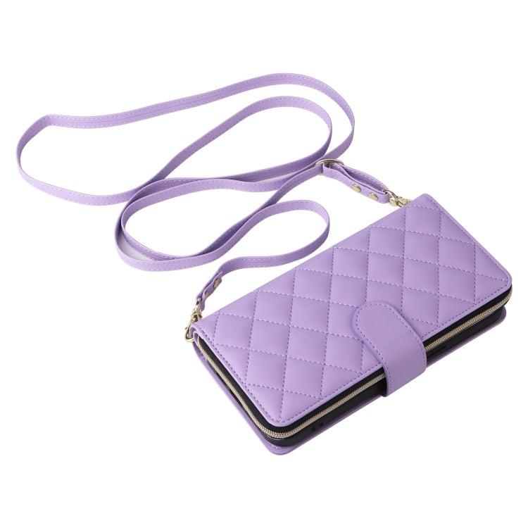 For iPhone 16 Pro Max Crossbody Rhombic Zipper Tower Buckle Leather Phone Case with Lanyard