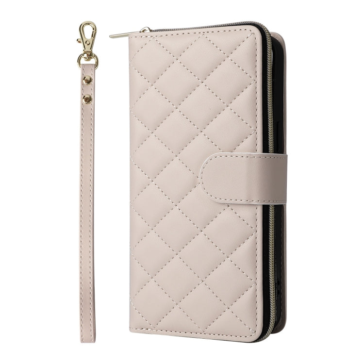 For iPhone 16 Pro Max Crossbody Rhombic Zipper Tower Buckle Leather Phone Case with Lanyard