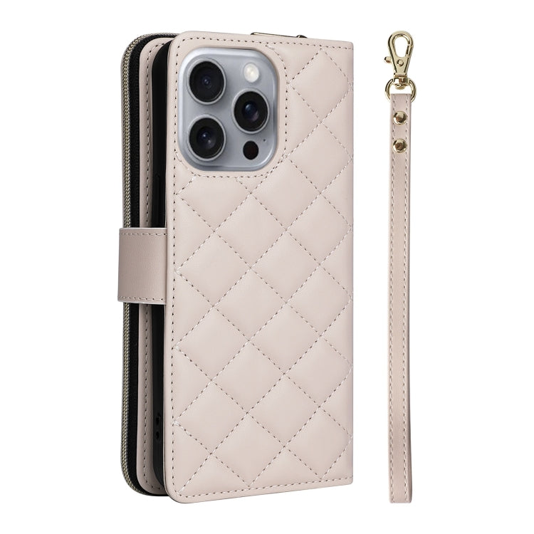For iPhone 16 Pro Max Crossbody Rhombic Zipper Tower Buckle Leather Phone Case with Lanyard
