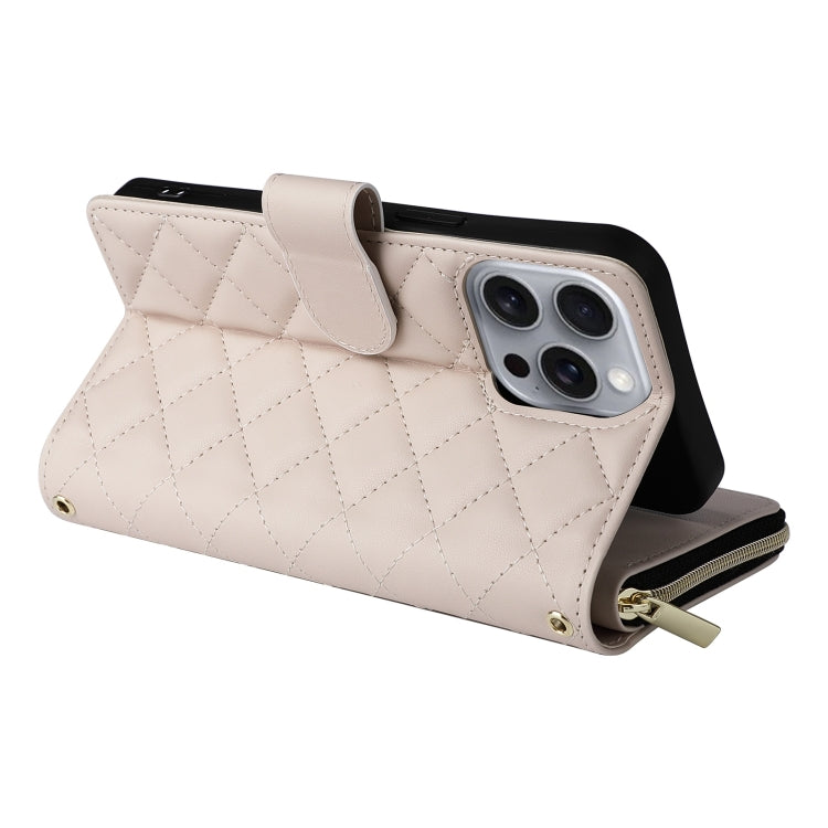 For iPhone 16 Pro Max Crossbody Rhombic Zipper Tower Buckle Leather Phone Case with Lanyard