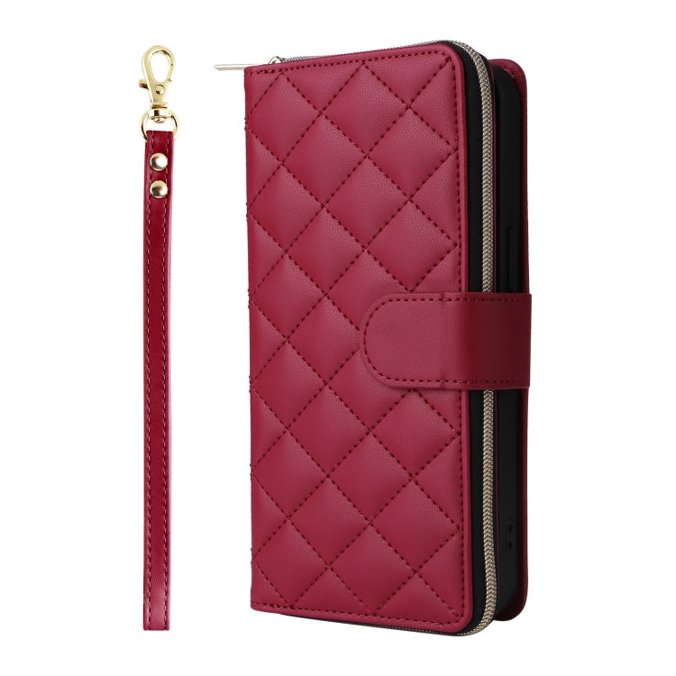 For iPhone 16 Pro Max Crossbody Rhombic Zipper Tower Buckle Leather Phone Case with Lanyard