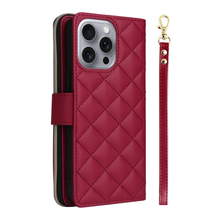 For iPhone 16 Pro Max Crossbody Rhombic Zipper Tower Buckle Leather Phone Case with Lanyard
