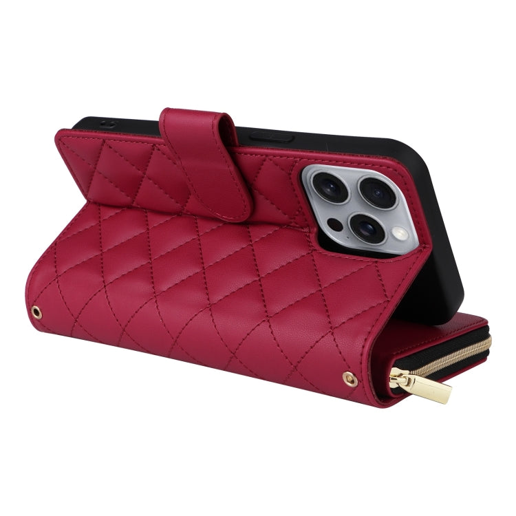 For iPhone 16 Pro Max Crossbody Rhombic Zipper Tower Buckle Leather Phone Case with Lanyard