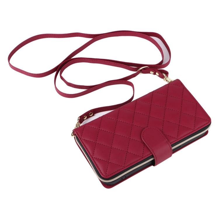 For iPhone 16 Pro Max Crossbody Rhombic Zipper Tower Buckle Leather Phone Case with Lanyard