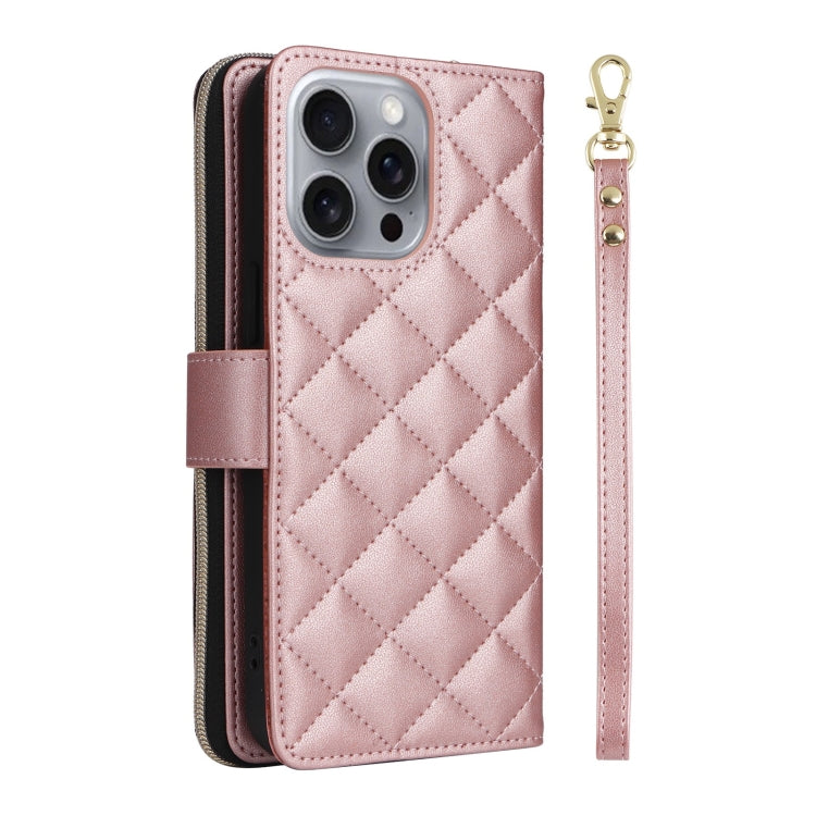 For iPhone 16 Pro Max Crossbody Rhombic Zipper Tower Buckle Leather Phone Case with Lanyard