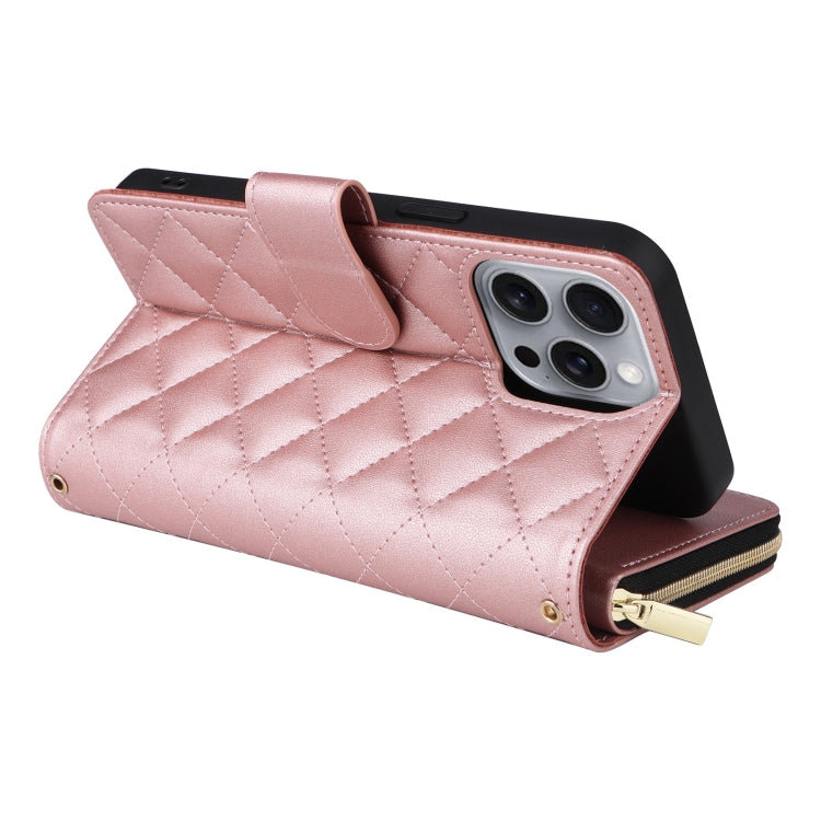 For iPhone 16 Pro Max Crossbody Rhombic Zipper Tower Buckle Leather Phone Case with Lanyard