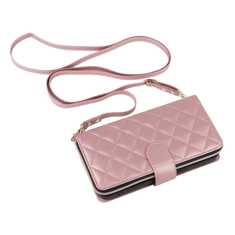 For iPhone 16 Pro Max Crossbody Rhombic Zipper Tower Buckle Leather Phone Case with Lanyard