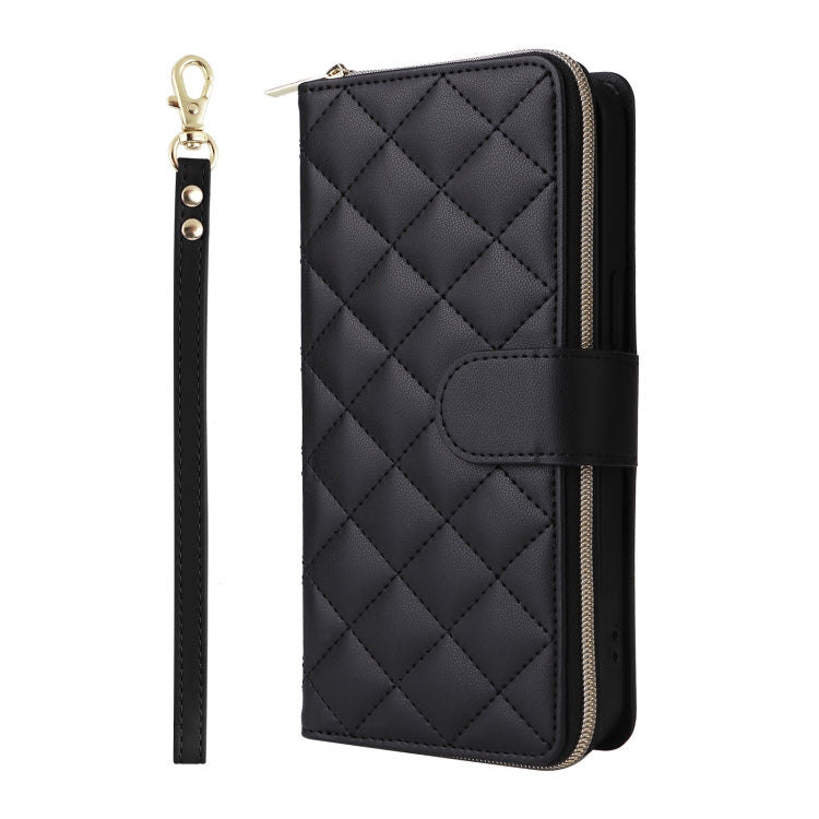 For iPhone 16 Pro Max Crossbody Rhombic Zipper Tower Buckle Leather Phone Case with Lanyard