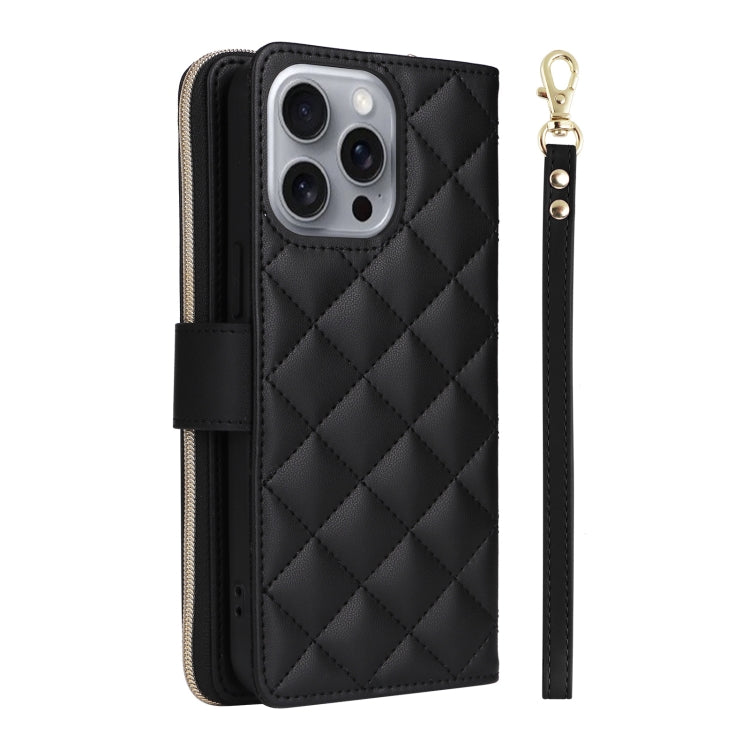 For iPhone 16 Pro Max Crossbody Rhombic Zipper Tower Buckle Leather Phone Case with Lanyard