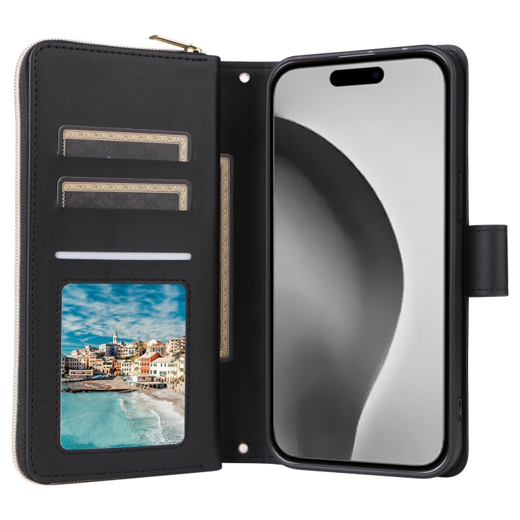 For iPhone 16 Pro Max Crossbody Rhombic Zipper Tower Buckle Leather Phone Case with Lanyard