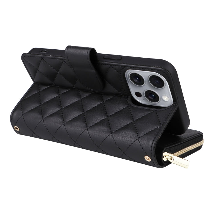 For iPhone 16 Pro Max Crossbody Rhombic Zipper Tower Buckle Leather Phone Case with Lanyard